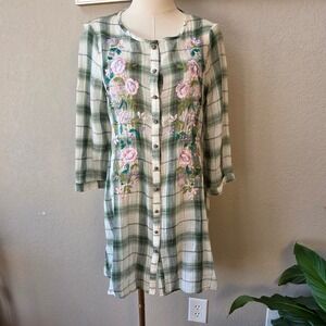 Aratta Silent Journey Green Plaid Floral Embroidered Corset Back Dress Small NWT